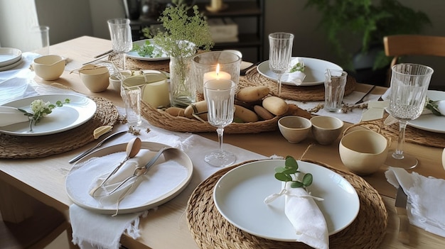 Uma mesa posta para um jantar com uma vela sobre ela