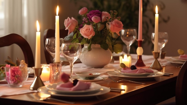 Uma mesa posta para um jantar romântico com rosas e velas