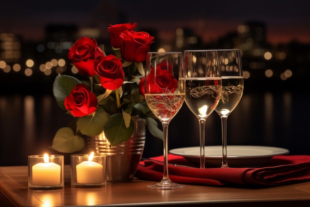 uma mesa posta para um jantar romântico com taças de vinho AI generative