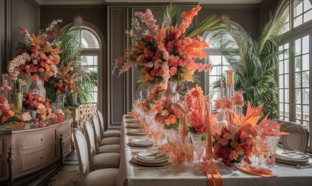 Uma mesa posta para uma recepção de casamento com um grande arranjo floral sobre a mesa