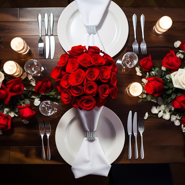 Uma mesa preparada para o jantar com um pano de mesa vermelho, pratos brancos, talheres de prata e um buquê de rosas.