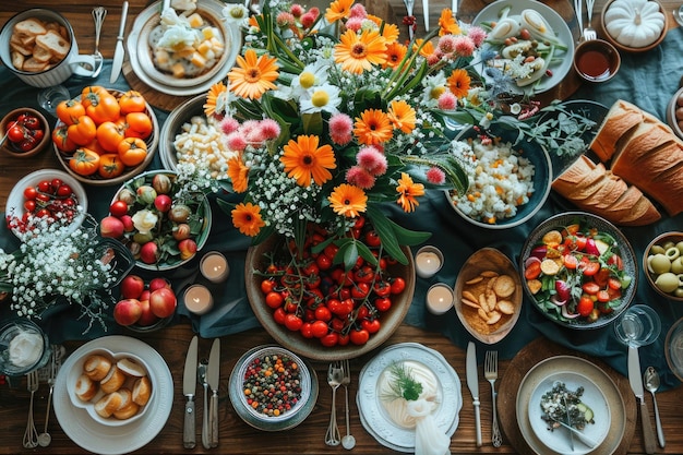 Uma mesa preparada para uma refeição com pratos e utensílios coloridos dispostos em um padrão geométrico