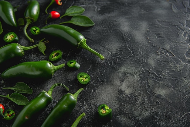 uma mesa preta com pimentas verdes e um fundo preto