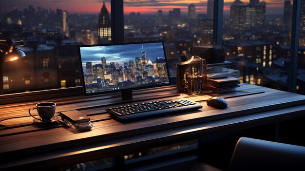 Uma mesa preta com um computador e uma janela atrás dela
