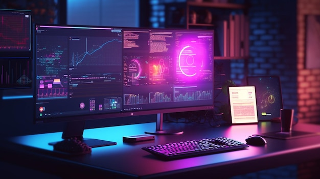 Uma mesa preta com um conjunto de monitores com a palavra cyber na tela