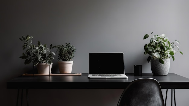 Uma mesa preta com um laptop e uma planta sobre ela.