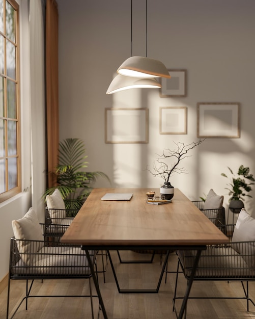 Uma mesa quadrada de madeira e poltronas elegantes ao lado de uma grande janela com luz solar e luz de lâmpada