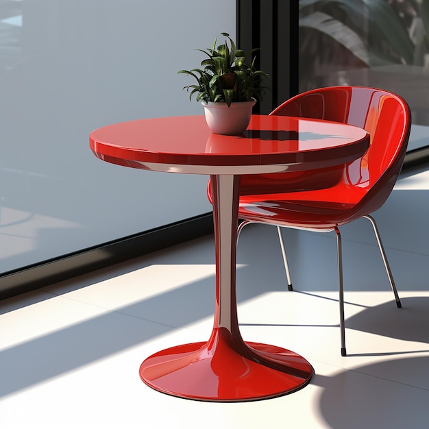 Foto uma mesa redonda com uma planta e uma cadeira vermelha com uma planta