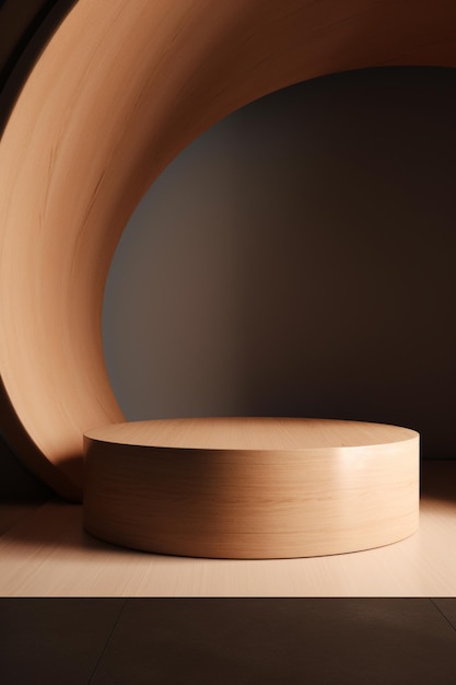 Uma mesa redonda de madeira com base redonda e um candeeiro na parede.