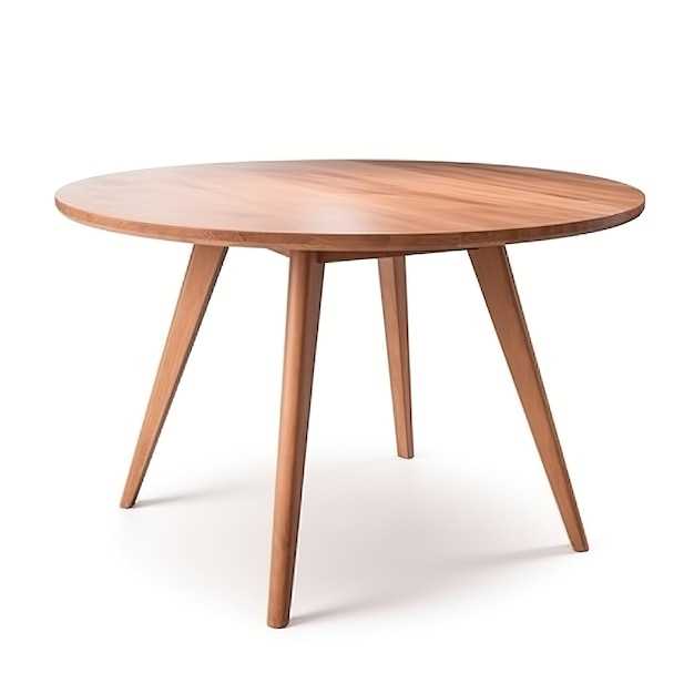 Uma mesa redonda de madeira com fundo branco.
