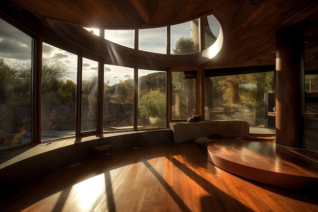 Uma mesa redonda de madeira em uma grande sala com uma grande janela que diz "a palavra" nela. "