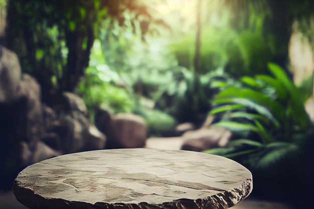 Uma mesa redonda em uma floresta com um fundo de selva.