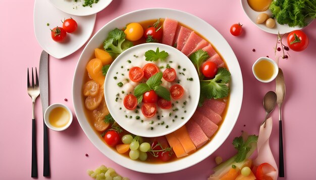 uma mesa rosa com tigelas de comida, incluindo uma tigela de frutas e legumes