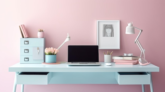 Uma mesa rosa com um laptop sobre ela e uma parede rosa atrás dela.