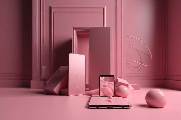 Uma mesa rosa com um telefone e um telefone sobre ela