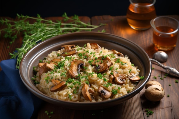 Foto uma mesa rústica com uma deliciosa tigela de risoto de cogumelos