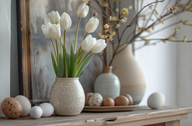 uma mesa tem tulipas brancas e ovos nela