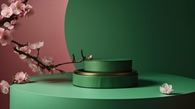 Uma mesa verde e rosa com uma flor