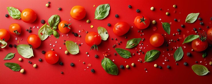 Foto uma mesa vermelha com tomates e ervas