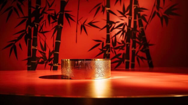 Uma mesa vermelha com um anel de ouro e árvores de bambu sobre ela.