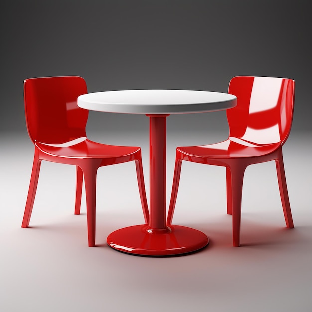 Foto uma mesa vermelha e cadeiras com uma mesa branca e cadeiras