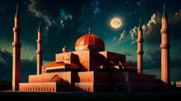 Uma mesquita à noite com a lua ao fundo