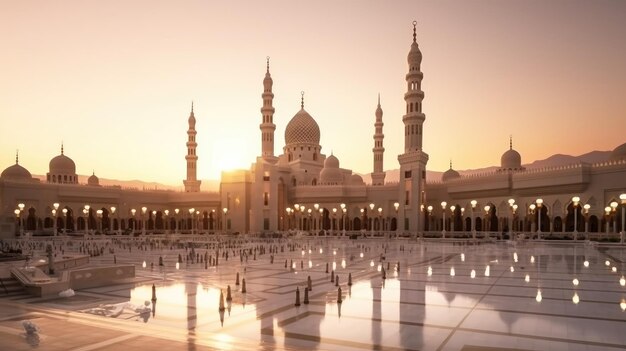 Uma mesquita à noite com o pôr do sol