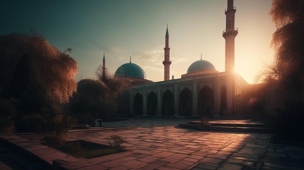 Uma mesquita à noite com o sol se pondo atrás dela