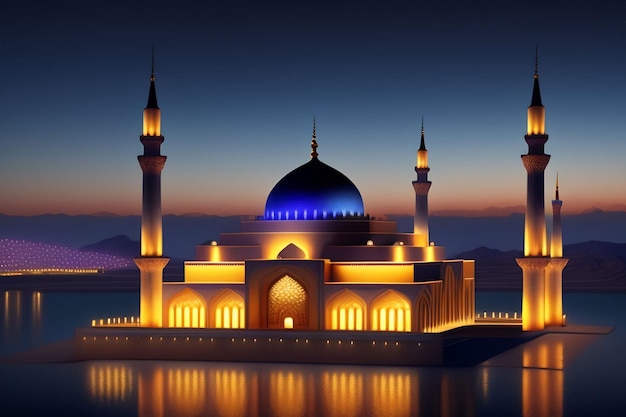 Uma mesquita à noite com um pôr do sol atrás dela.