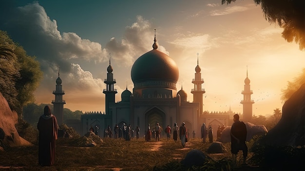 Uma mesquita ao pôr do sol com algumas pessoas caminhando em frente a ela.