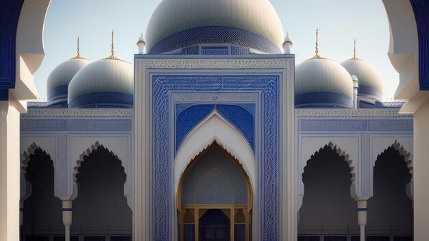 Uma mesquita azul com telhado azul e cúpulas brancas