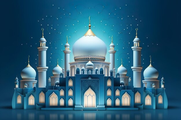 Uma mesquita azul com uma cúpula branca e um fundo azul com flocos de neve