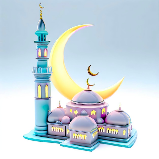 Uma mesquita azul com uma lua crescente e uma lua crescente.