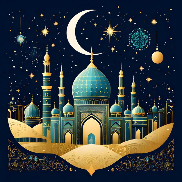 uma mesquita azul com uma lua e estrelas nela