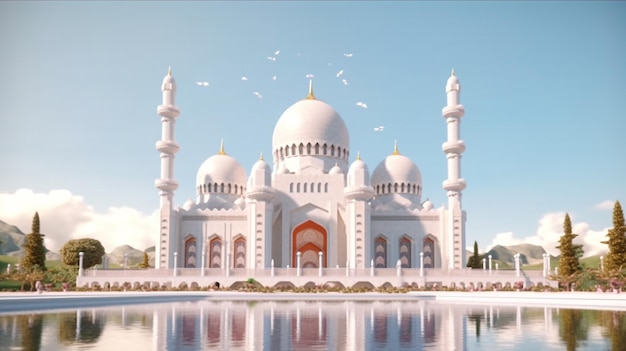 Uma mesquita branca com um céu azul e pássaros ao fundo