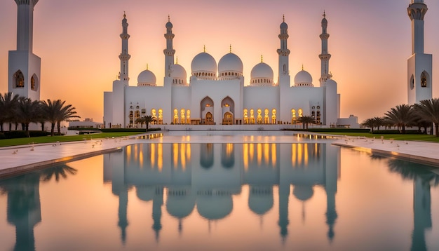 uma mesquita branca com um reflexo do céu e da água ao fundo