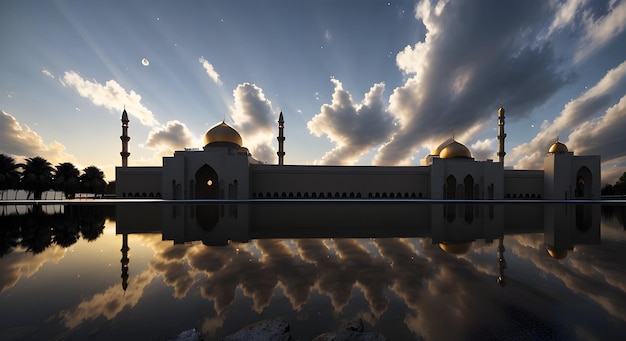 Uma mesquita com a lua no céu