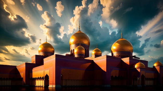 Uma mesquita com cúpulas douradas e um céu nublado