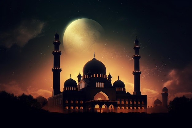 Uma mesquita com lua cheia ao fundo