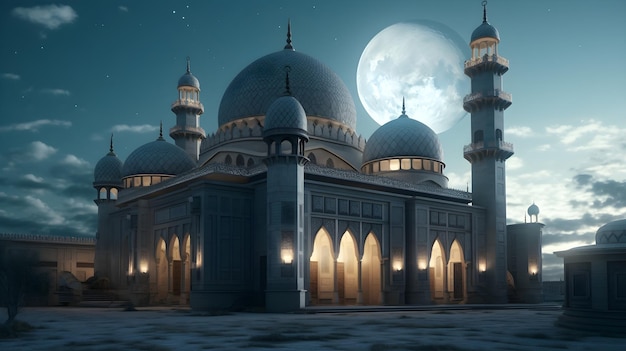 Uma mesquita com lua cheia ao fundo