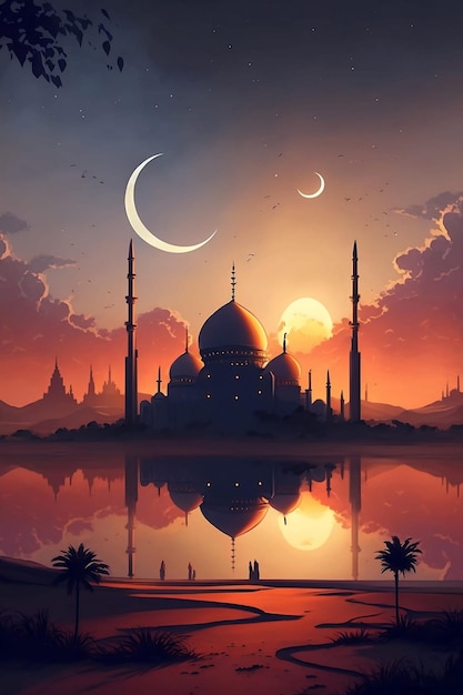Uma mesquita com o sol se pondo atrás dela