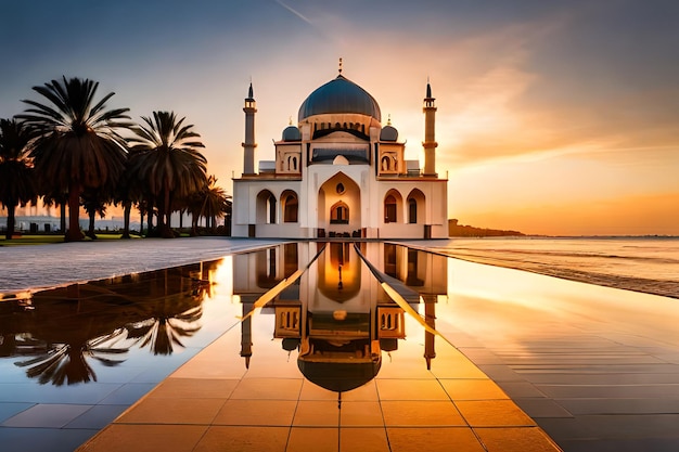 Uma mesquita com palmeiras ao fundo