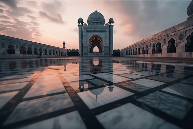 Uma mesquita com reflexo do céu e do sol