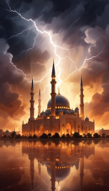 Foto uma mesquita com relâmpagos no céu