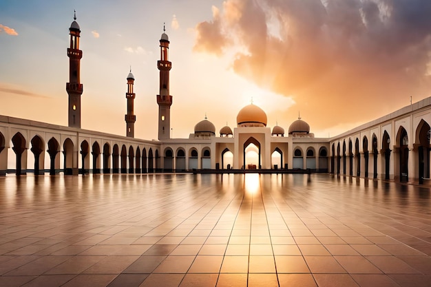 Uma mesquita com um pôr do sol ao fundo