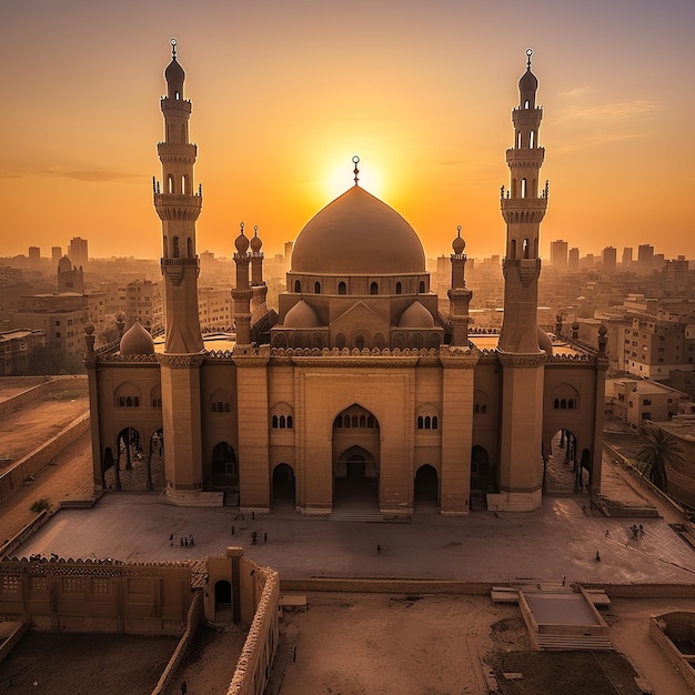 Uma mesquita com um pôr do sol atrás dela