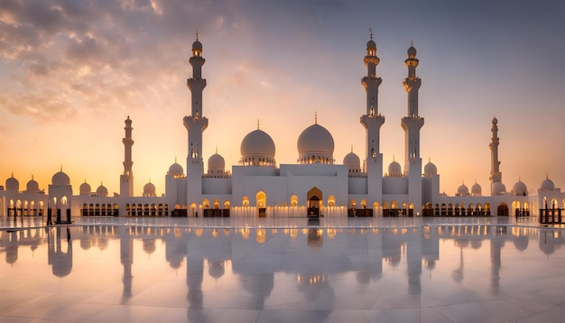 uma mesquita com um reflexo do céu e do sol atrás dela