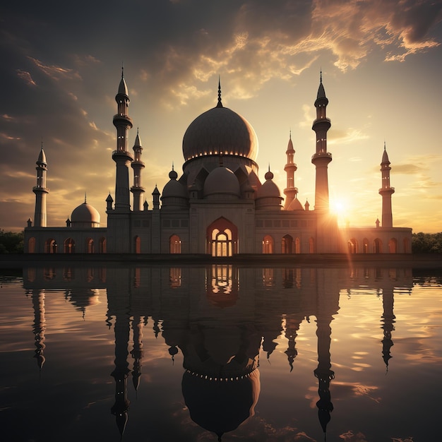 uma mesquita com um reflexo do pôr do sol atrás dela