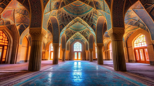 Uma mesquita com um teto azul e arcos