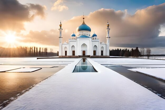 uma mesquita com uma cúpula azul e uma cúpula azul na neve.